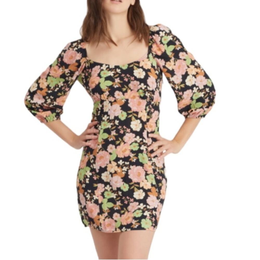 Sanctuary Puff Sleeve Dolce Floral Mini Dress Black Chic and Fitted NEW Size 12